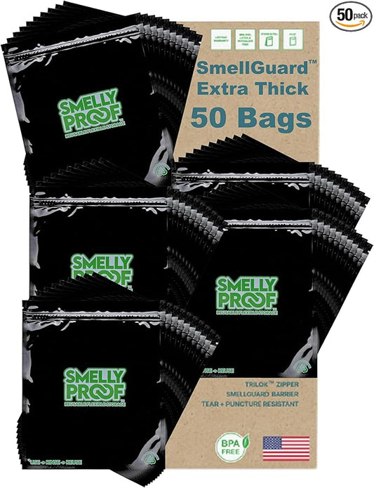 50pk 4-MIL Thick HEAVY DUTY Smelly Proof Reusable Bags Black, Washable Bags, US-Made BPA Free, No PEVA, Non-Silicone, Reusable Food Storage Bags, 50 x Reusable Freezer Bags, Quart 8.5" x 10"
