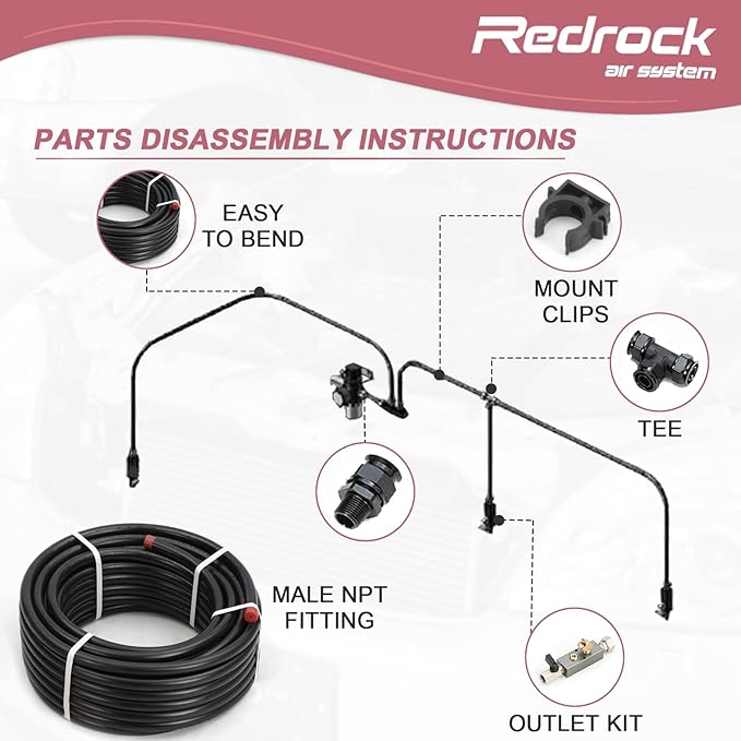 Compressed Air Line Kit 1/2" x 200ft 5-Ways Out Black HDPE Aluminum Air Compressor Piping for Garage LeakProof&Easy to Install Air Hose Kit Air Compressor Accessories 200PSI