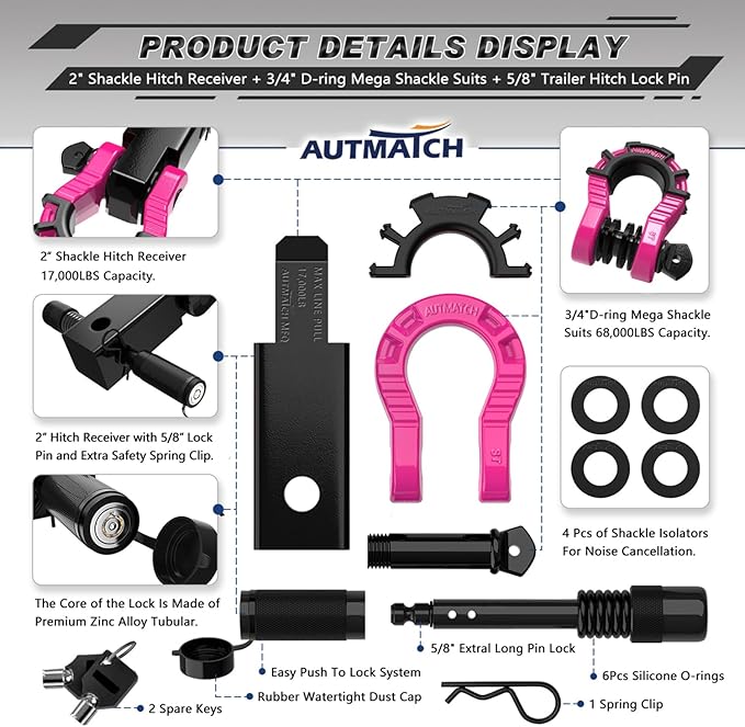 AUTMATCH Shackle Hitch Receiver 2" with 3/4" Mega D Ring Shackle and 5/8" Trailer Hitch Lock Pin, 68,000 Lbs Break Strength Heavy Duty Receiver Towing Kit for Off-Road Vehicle Recovery, Black & Pink