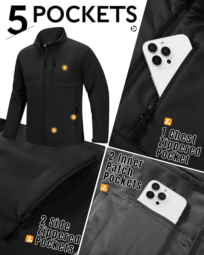 Outdoor Ventures Men's Softshell Jacket Waterproof Fleece Lined Rain Shell Jacket Lightweight Windbreaker for Hiking Travel