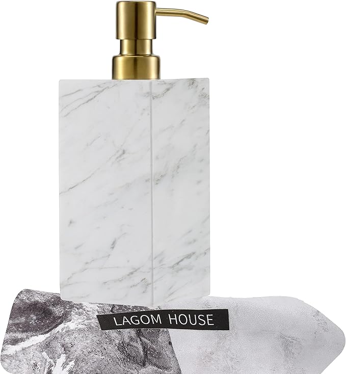 LAGOM HOUSE Marble Soap Dispenser, White Italian Natural Stone Marble Liquid Hand Soap Dispenser Decorative Bottle for Kitchen Bathroom Countertop Gold Stainless Steel Lotion Pump Dispenser