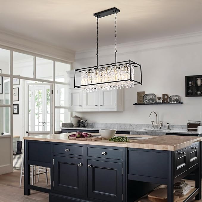 Modern Black Crystal Chandeliers For Dining Room, 36" Large Rectangle Water Ripple Glass Pendant Elegant Linear Lighting for Kitchen Island Dining Room LivingRoom Flat Inclined Ceiling,L36 x W11 x H19