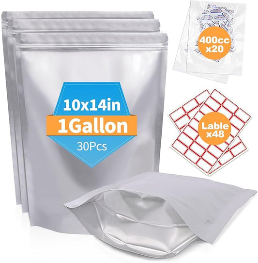 30PCS 1Gallon 10"X14" Mylar Bags for Food Storage with Oxygen Absorbers&Lables,10 Mil Thick Resealable Stand-Up Zipper&Heat Sealable Bags for Long Term Food Storage,Dried Food