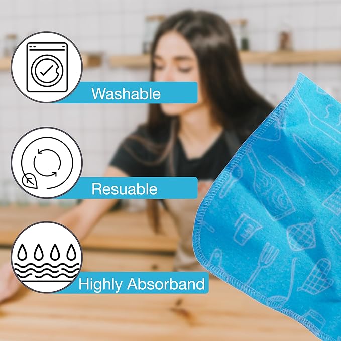 Pack of 10 Reusable Paper Towels | 10x10 Inch Cotton Towels | Kitchen Utensils Print | Eco Friendly, Washable, Quick Drying | Sustainable Cleaning Cloths | Blues Design