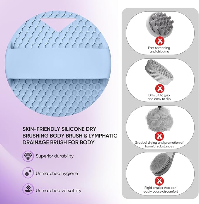 Heavy Duty Silicone Body Scrubber – Anti Zinc Infused-Lymphatic Brush Exfoliating Body Scrubber for Shower Body,with Stiff and Soft Bristles for Anti-Puffiness,Blood Circulation- Azure
