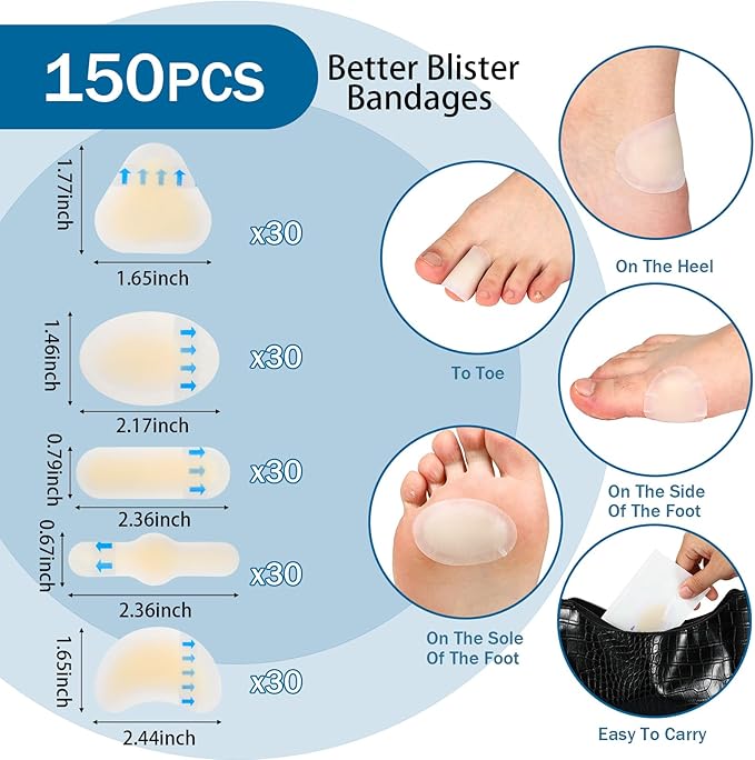 Tarpop 150 Pcs Blister Bandages for Feet, Waterproof Hydrocolloid Gel Pads, Hydrocolloid Bandages, Adhesive Feet Cushions for Heel, Toe, Finger Protection, Blister Prevention Patches(Stylish)
