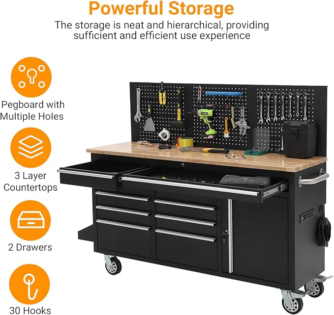 Heavy Duty 61 in Tool Chest Cabinet, Mobile Garage Workbench with 10 Drawers and Power Strip, Rubber Wood Worktop, 1675 LBS Load, Rolling Tool Storage Organizer for Mechanic, Shop or Home Use