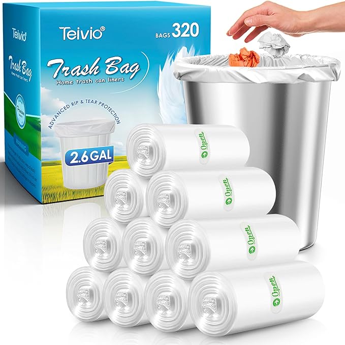 Teivio 2.6 Gallon 320 Counts Strong Trash Bags Garbage Bags, Bathroom Trash Can Bin Liners, Small Plastic Bags for Home Office Kitchen Kitchen (Clear)