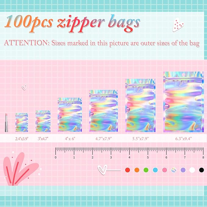 Funfery 100 pcs Mylar Holographic Bags Packaging Bags,Clear Resealable Bag Foil Pouch Bag for Party Favor,Food Storage Baggies Packaging for Small Business(4x6in,Holographic)