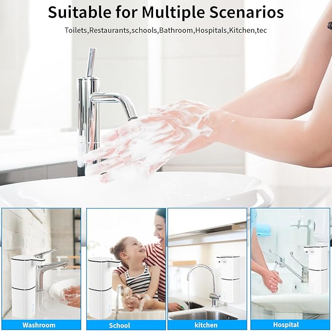 Automatic Soap Dispenser Touchless, Wall Mounted Smart Soap Dispenser, USB Rechargeable, 4 Adjustable Levels, 14.2oz / 420ml Large Capacity, for Bathroom, Kitchen, School (White, Liquid)