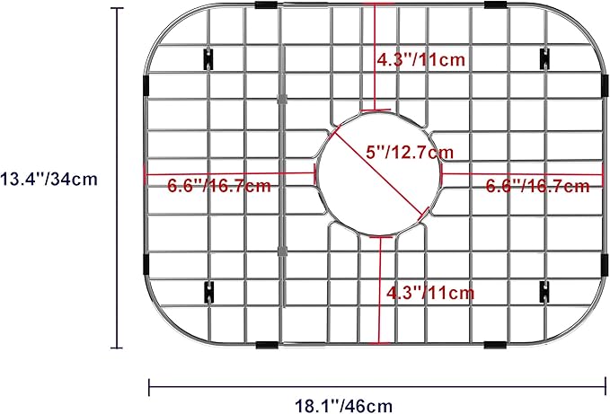 Sink Grid Protector, 18" Bottom Sink Grates, Sink Protector with Corner Radius, Kitchen Sink Protector Center Drain Hole, Sink Steel Bottom Grid -18"L X 13.4"W
