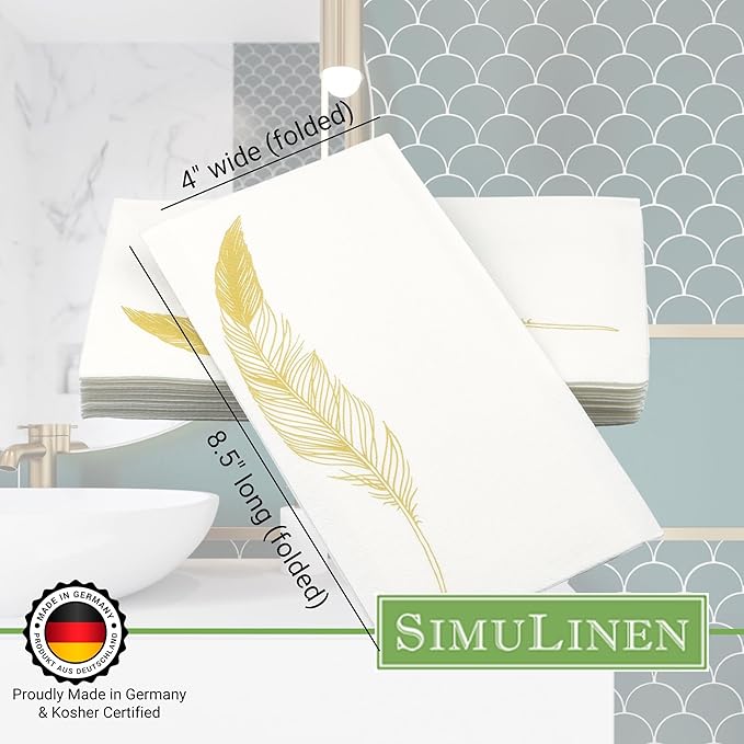 SimuLinen Decorative Gold Feather Design Paper Towels - Hand Towels for Bathroom - Cloth-Like, Linen-Feel for Guest Bathroom Essentials, Size: 12x17” (Pack of 100) Made in Germany