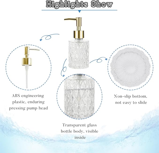 Multipurpose Soap Dispenser Easy to Clean Glass Soap Pump Dispenser Ideal for Bath and Bathroom (2PCS Gold)