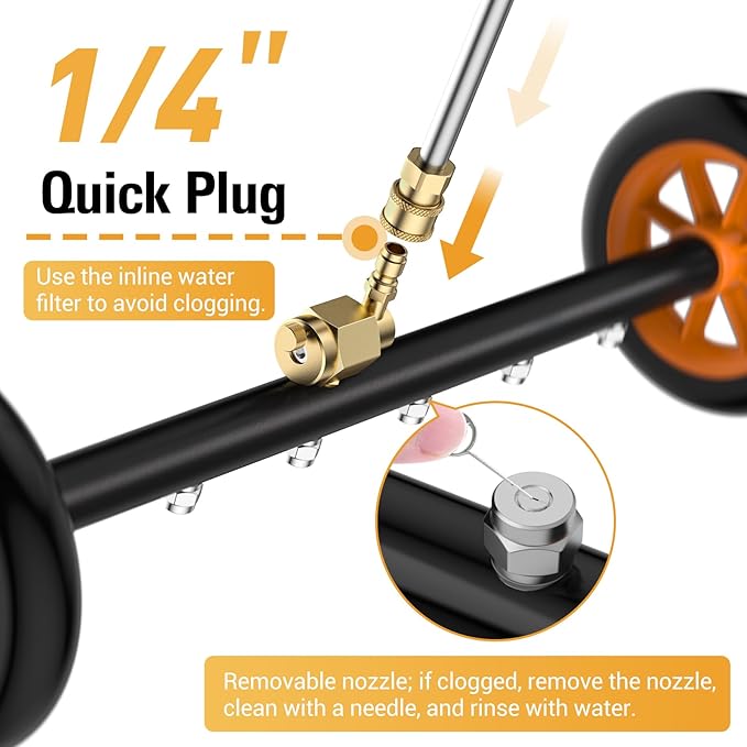 VIGRUE 2-in-1 undercarriage Pressure Washer Attachment,24 Inch Pressure Washer Water Broom with 7 Nozzles,Under Car Washer Cleaner with 3 Pieces Extension Wand,4000 PSI,Orange