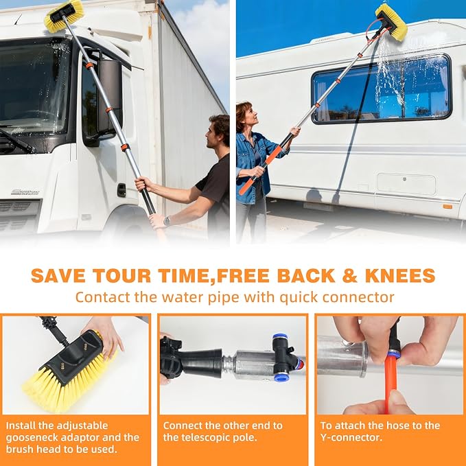 12FT Car Wash Brush with Long Handle Water Fed Telescopic Pole Car Cleaning Tool with 12" Soft Bristle and Hard Bristle Wash Equipment Kit for Car Truck House Glass Roof Solar Panels