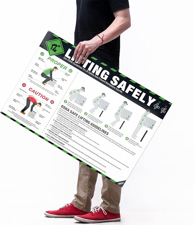 Lifting Safety Poster 18'' x 24'', OSHA OSHA Compliant Workplace Safety Guide for Proper Lifting, Prevent Back Strain & Injuries, Waterproof, Tear-Resistant Safe Manual Handling Sign Poster