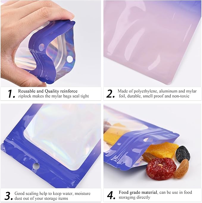 100 Pack Resealable Plastic Bags for Food Storage, Zipper Bags with Clear Front Window, Packaging Pouch for Small Business (Purple & Blue, 2.9x4.7 inch)