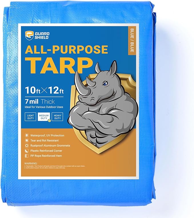 GUARD SHIELD Blue Tarp Waterproof 10x12 Feet Medium Duty All Purpose Poly Tarps Cover 7mil