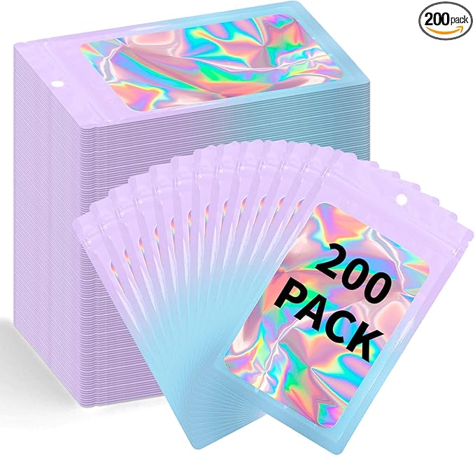 200 Pack Resealable Mylar Holographic Bags Food Storage Smell Proof Bags with Front Window Foil Packaging Pouch for Candy Sample Jewelry Small Business 4.72×7.87 Inch, Pink Fade Blue