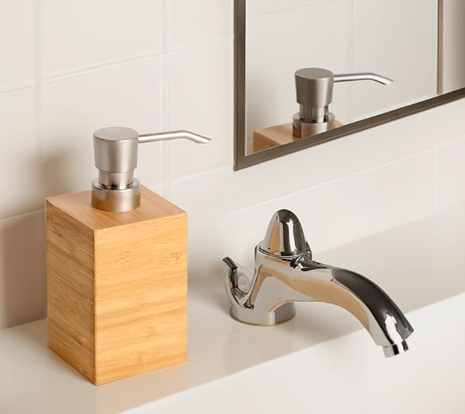 Bamboo Soap Dispenser with Anti-Slip Pads and Stylish Horizontal Wood Grain, Hand Dispenser for Bathroom, Kitchen, Dish, Lotion, Shampoo, Liquid Soap (7 Oz)