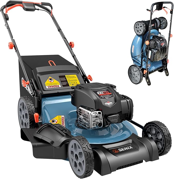 SENIX LSSG-H2 22-Inch Self Propelled Gas Lawn Mower with 163 cc 4-Cycle Engine, 3-in-1 Rear Wheel Drive Variable Speed Lawnmower, 6-Position Height Adjustment