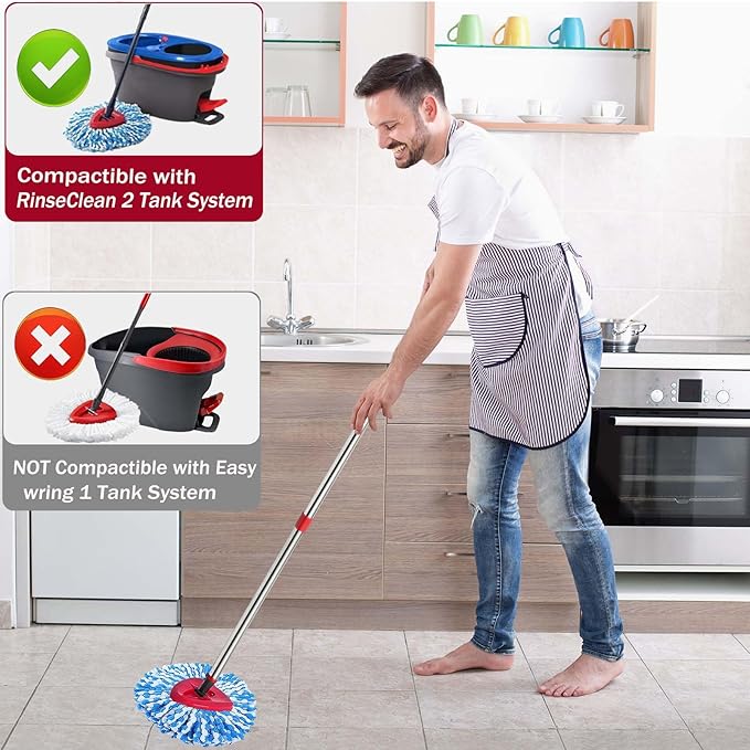 Spin Mop Replace Heads for O Cedar Rinse Clean 2 Tank System, Spin Mop Replacement Head 2 Microfiber Mop Refills, 1 Triangle Head Cover and 30-58in Handle 1 1Scrub Brush