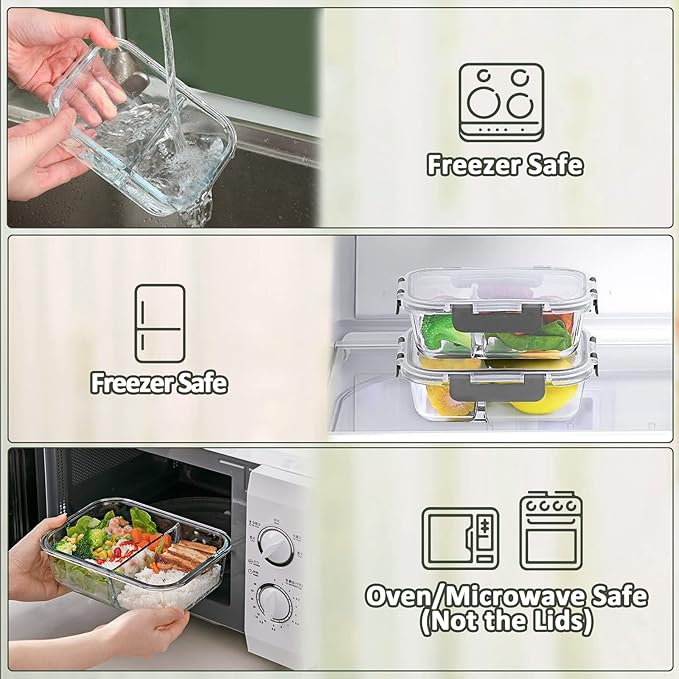 M MCIRCO 10-Pack,30 Oz Glass Meal Prep Containers 2 Compartments Airtight Lunch Bento Boxes with Lids, Glass Food Storage Containers, Microwave, Oven, Freezer and Dishwasher