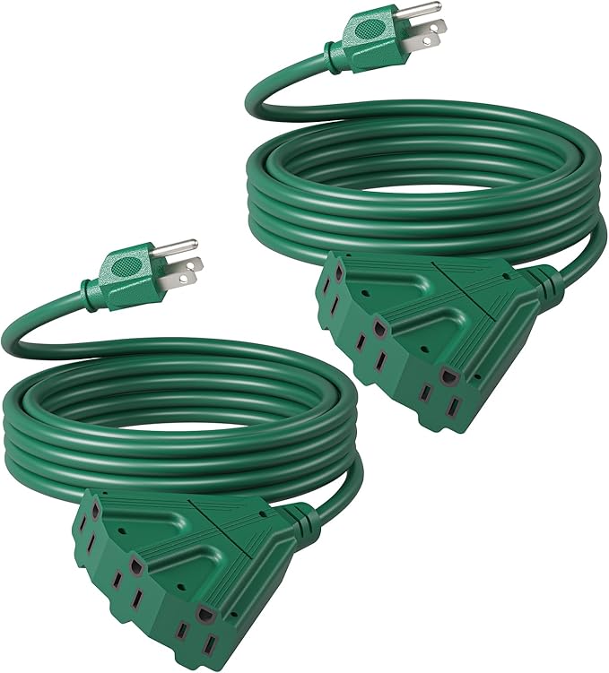 DEWENWILS 10 FT Outdoor Tri-Tap Extension Cord Splitter for Christmas, Weatherproof 16/3 SJTW Power Cable for Holiday Decoration and Outdoor Landscaping String Lights, ETL Listed, Pack of 2, Green