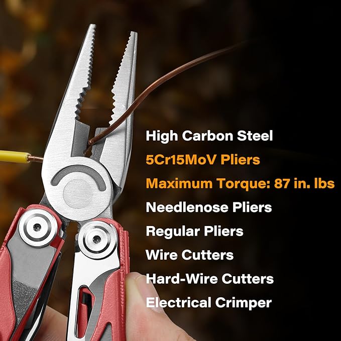 RBLACK Longeron21 Multitool, 21-in-1 Multi Tool Pliers with Safety Locking and Spring-Action Scissors, Heavy-duty Multi-tool Set with Nylon Sheath for Work, Home, Garden, DIY & Auto, Brick Red