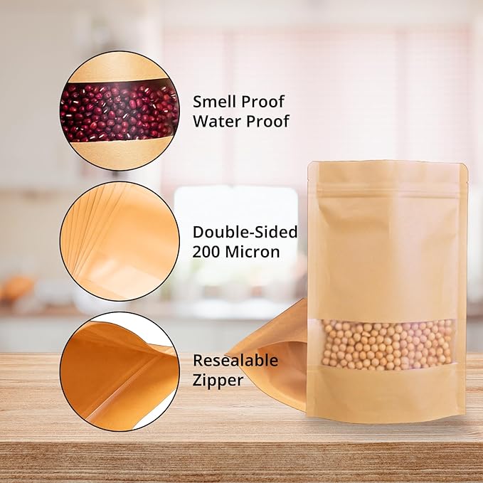 50PCS 10"X14" Kraft Paper Bags with Window,Resealable Small Stand Up Pouches for Food Storage,Reusable Zipper Lock Packaging Bags for Small Business&Personal,Candy,Cookie,Snacks,Tea,Coffee