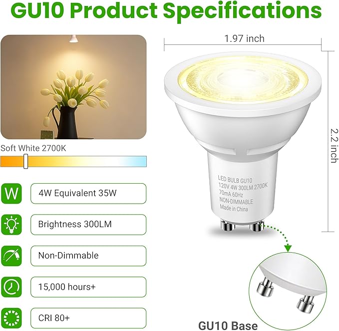 TJOY GU10 LED Light Bulbs Non-Dimmable, 4W, 2700K Warm White, 300LM, Equivalent 35W, 2 Prong GU10 Bulbs Replacement for Recessed Track Lighting, MR16 LED Bulb for Living Room, Range Hood, 12 Pack