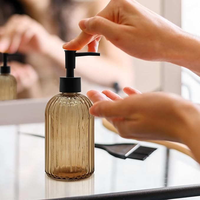 14oz Amber Glass Soap Dispenser with Black Pump – Refillable for Hand Soap, Dish Soap, Lotion, Suited for Kitchen, Bathroom & Laundry Room (Brown)