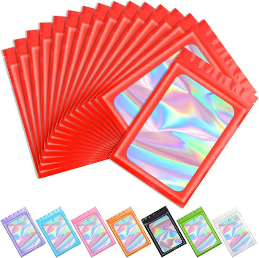 Funfery 100 pcs Mylar Holographic Bags Packaging Bags, Resealable Odor Proof Bag Foil Pouch Zipper Bag for Food Storage (Red, 6.3 x 9.4 Inch)
