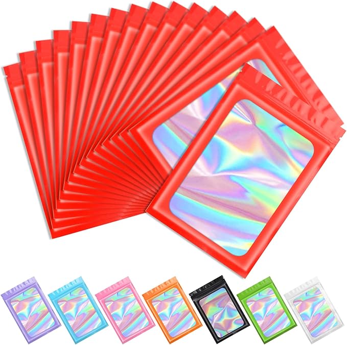 Funfery 100 pcs Red Smell Proof Mylar Holographic Bags Packaging Bags,Clear Resealable Odor Proof Bag Foil Pouch Bag for Food Storage,Lipgloss,Jewelry,Eyelash Packaging for Small Business(3x4.7In)