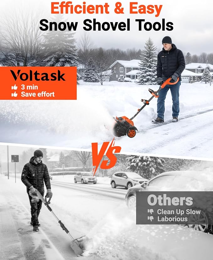 VOLTASK Cordless Snow Shovel with Wheels, 48V | 16-Inch | 4-Ah Brushless Cordless Snow Blower, Battery Snow Blower with Directional Plate & LED Lights (2 * 24V Battery & Dual Quick Charger Included)
