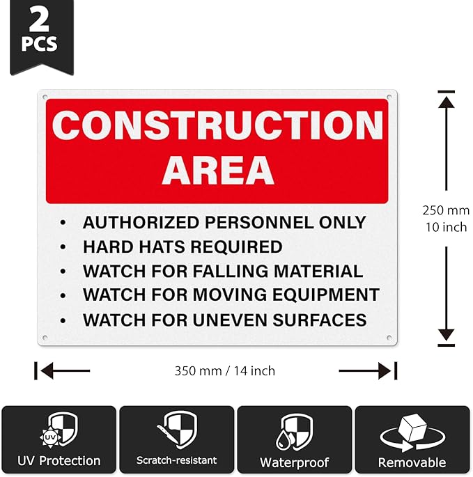 2 Pack Construction Area Signs Authorized Personnel Only Sign 14 × 10 Inches Aluminum Rust Free Fade Resistant Signage for Indoor Outdoor Use
