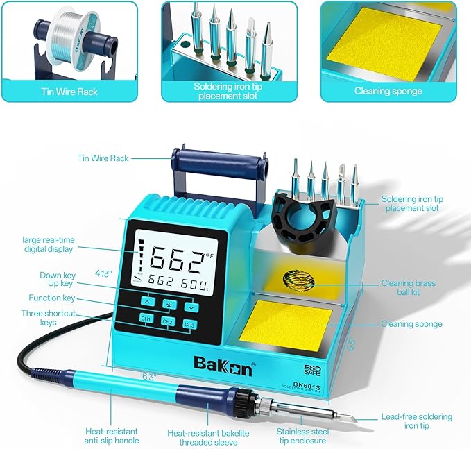 90W Soldering Station Kit, Electronic Rework Soldering Station with 3 Memory Channels,DIY Solder Kit,356℉～896℉,°C/°F Conversion,Sleep Mode, 5 Iron Tips,Solder Sucker,Soldering Wire,Tweezers