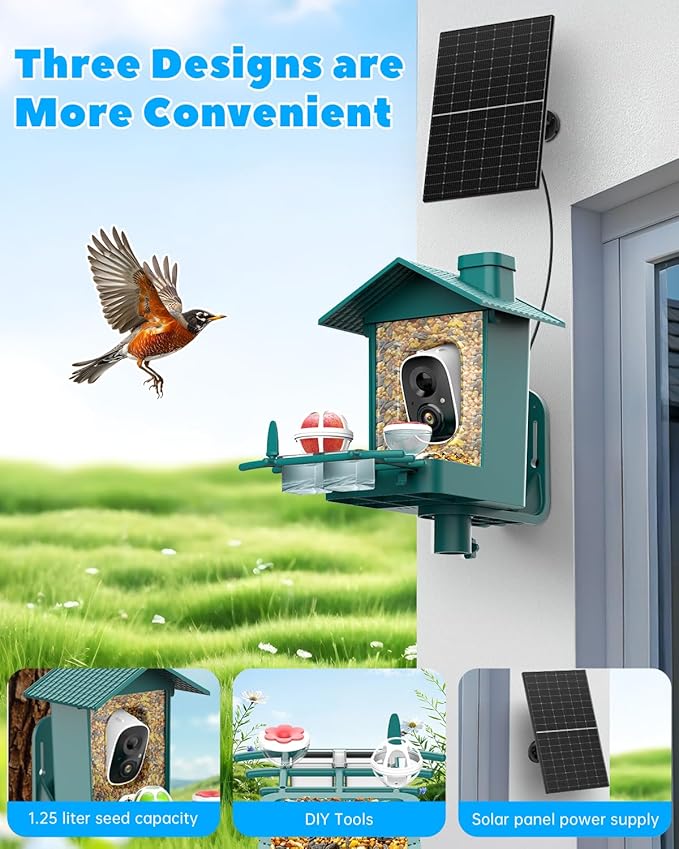 Smart Bird Feeder Camera Solar Powered, 2K Video Birdfeeder with Camera for Outdoor, 2.4Ghz WiFi AI Recognition Bird Cam, Instant Arrival Alert, IP65 Full Waterproof, Xmas Gifts for Birdlover Dad Mom