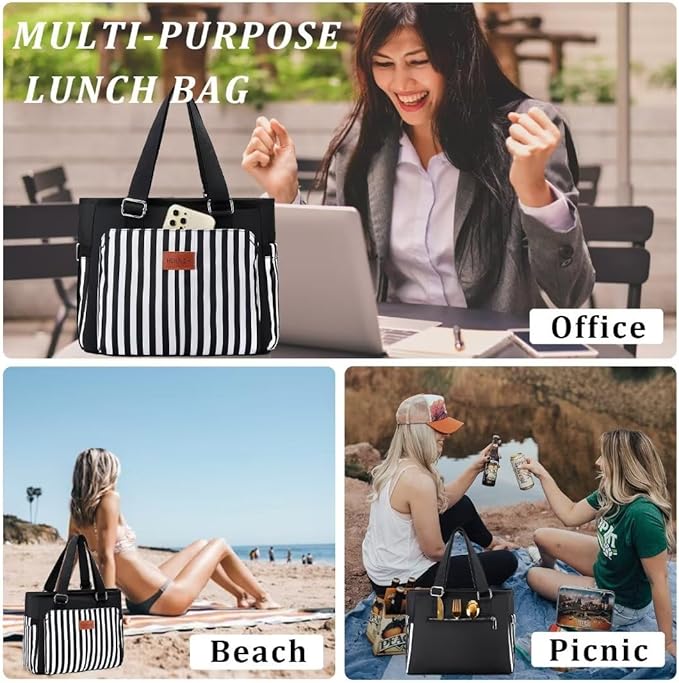 Large Women Lunch Bags for Work/Insulated Adult Lunch Box for Women. Reusable Lunch Cooler Purse for Work Picnic Hiking 14L, Black Stripes
