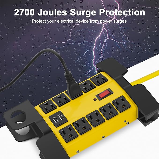 CCCEI Heavy Duty Power Strip with USB Ports, Garage 15 Outlets Surge Protector 2700 Joules, Industrial Workshop Metal 15Amp Multiple Outlets, 10 FT Extension Cord and Wide Spaced Yellow.