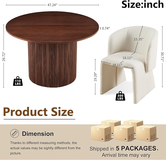 Kitchen Dining Table Set for 4, Farmhouse Round Dining Room Table and 4 Seated Dining Accent Chairs Curved Backrest&Armrest, Modern Dining Room Table Set for Home Dining Hall