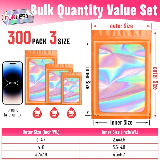 Funfery 300 Pack 3 Size Mylar Holographic Bags with Clear Window,Resealable Bag Smell Proof Foil Baggies Packaging Pouch for Food Storage,Sample,Small Business(Orange,3x4.7,4x6,4.7x7.9in)