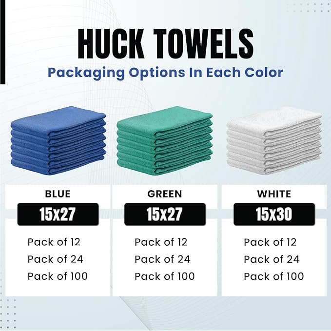 Premium White Huck Towels – (12 Pack) 15 x 30 inches 100% Cotton Bulk Towel for General Cleaning, Auto Shop, and Hospital Use, Super Absorbent, Machine Washable Cloth