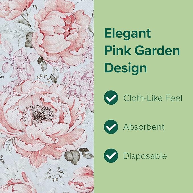 SimuLinen Pink Garden - Disposable Paper Towels for Bathroom, Guest Hand Towels, Cloth-Like Linen-Feel, Single-Use, Size 12x17" - 100ct (Made in Germany)