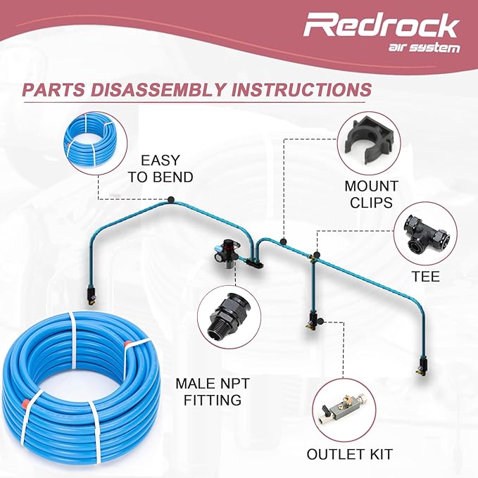 Compressed Air Line Kit 1/2" x 200ft 5-Ways Out HDPE Aluminum Air Compressor Piping for Garage LeakProof&Easy to Install Air Hose Kit Air Compressor Accessories 200PSI ASTM F1282