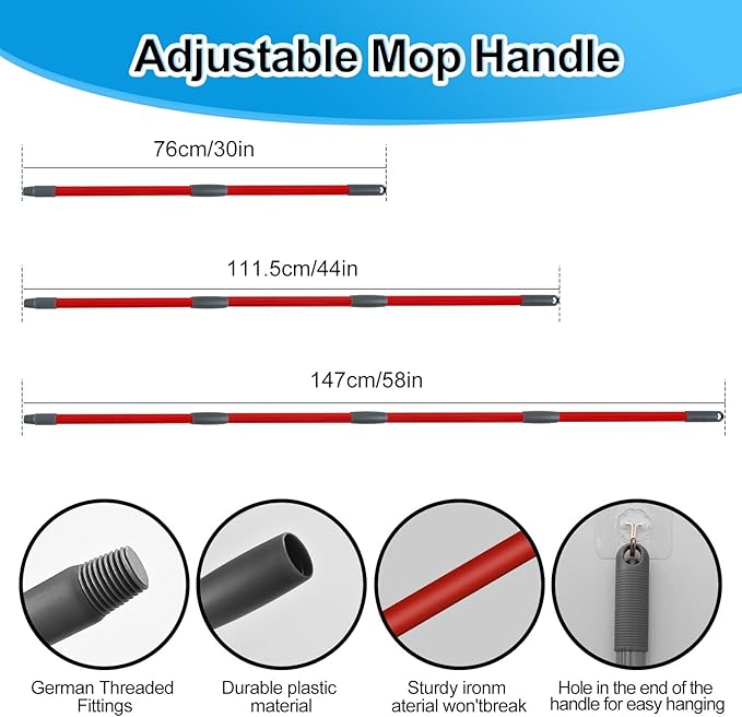 Spin Mop Handle,Mop Head,Base and Brush for OCedar RinseClean 2 Tank System,Include 2 Microfiber Spin Mop Replacement Head,4 Section 30-58" Iron Mop Handle,1 Base and 1 Scrub Brush for Floor Cleaning