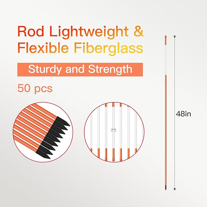 Driveway Markers 48 inch 50pcs, 5/16” Dia 4FT Snow Stakes with Reflective Tape, Highly Visible for Parking, Walkways, Snow Markers, 4FT Orange Fiberglass Poles Reflectors Markers with Steel Drill Bit