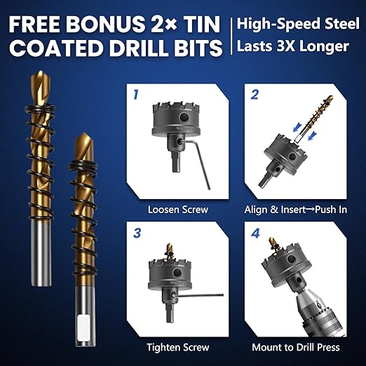 16pc Carbide Hole Saw Kit, Hole Drill Bit Set for Metal/Wood/Steel/Iron/Plastic, with 2*Detachable Pilot Drill Bits and 2*L-Wrench