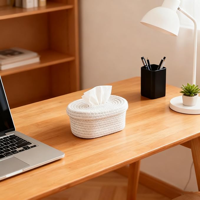 2 Pack Modern White Woven Tissue Box Cover - Decorative Tissue Holder for Bathroom Countertop, Living Room Table, Office Desk, Bedroom Dresser and Night Stand