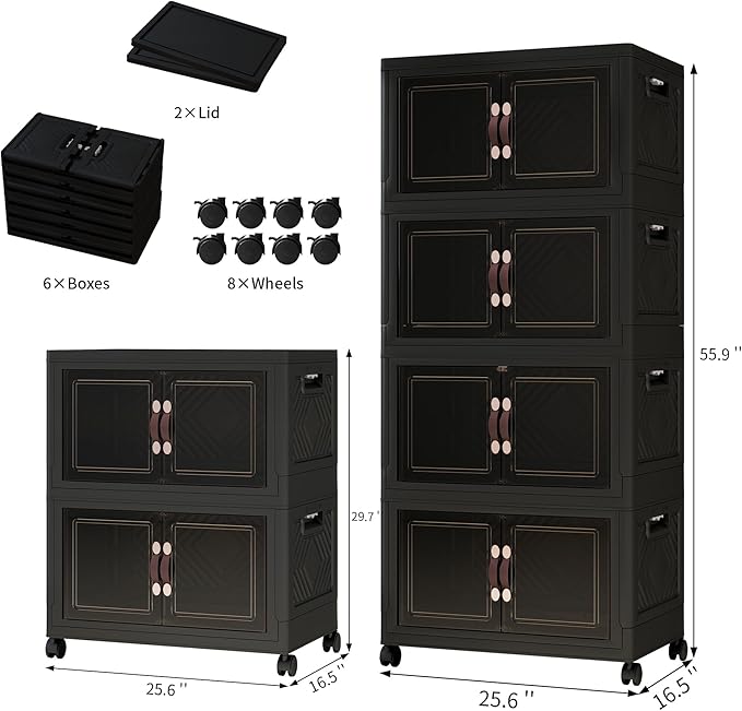 Storage Bins with Lids and Wheels, Collapsible Bathroom Storage Cabinet with Clear Doors, Plastic Stackable Closet Organizers and Storage Containers Black 597 QT